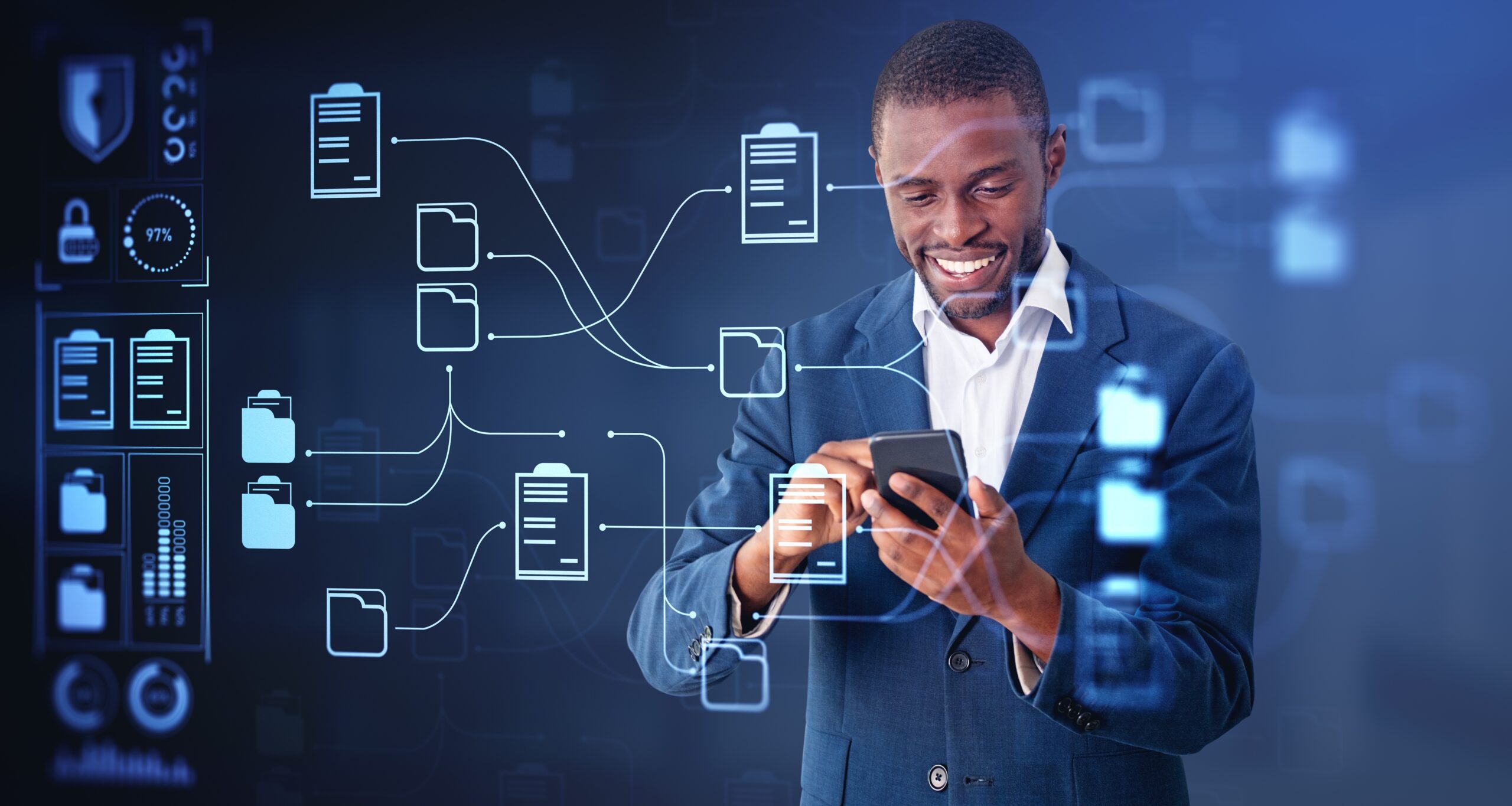 Black,Smiling,Businessman,Working,With,Smartphone,,Online,Documentation,Database,And