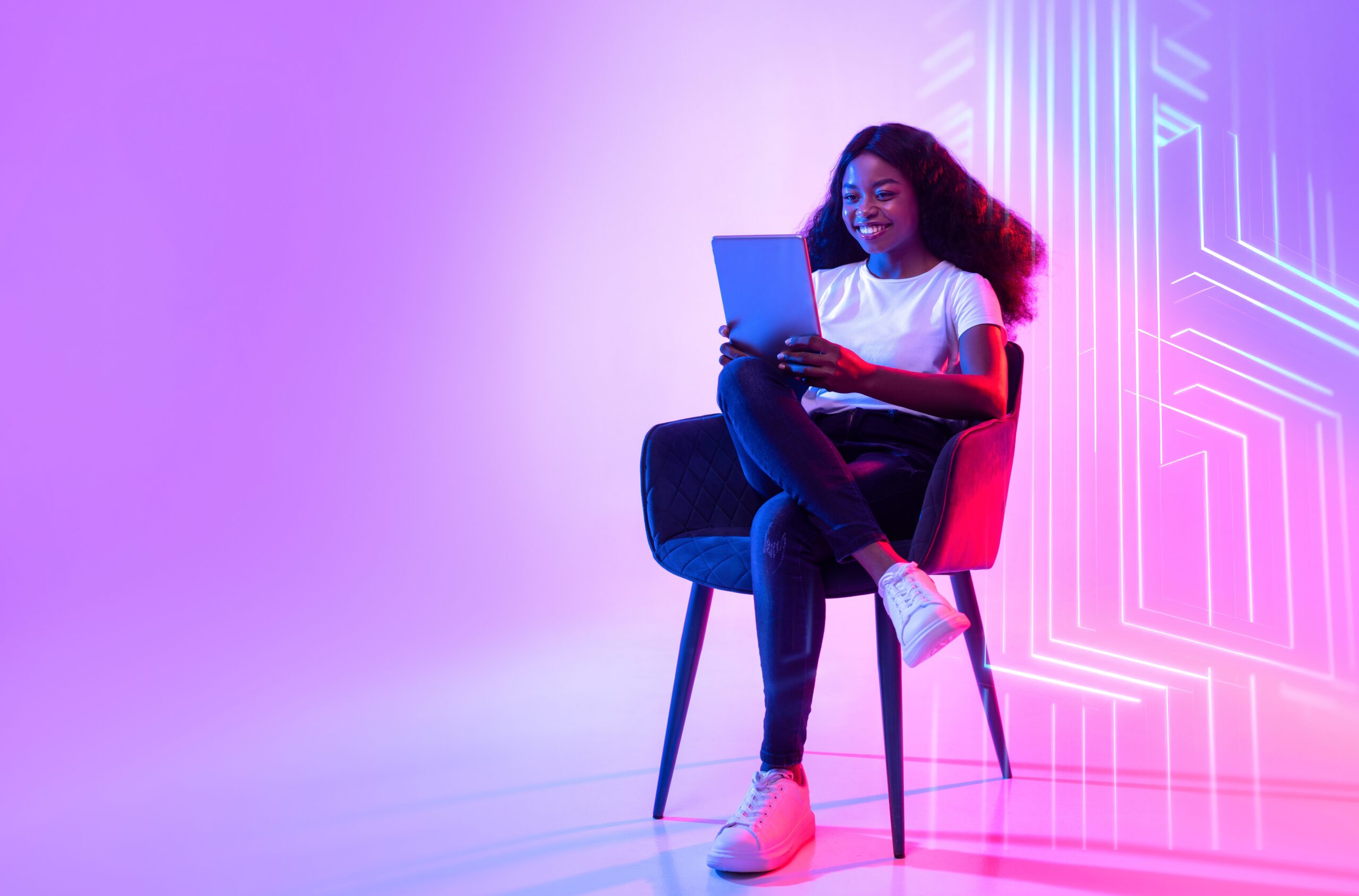 Online,Life,Concept.,Young,Positive,African,American,Woman,Web,Surfing